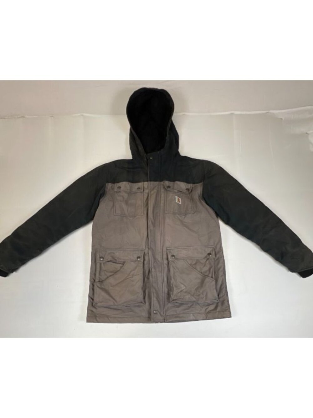 Carhartt Jacket Mens Medium Hooded Full Zip Colorblock Grey Black Workwear Coat